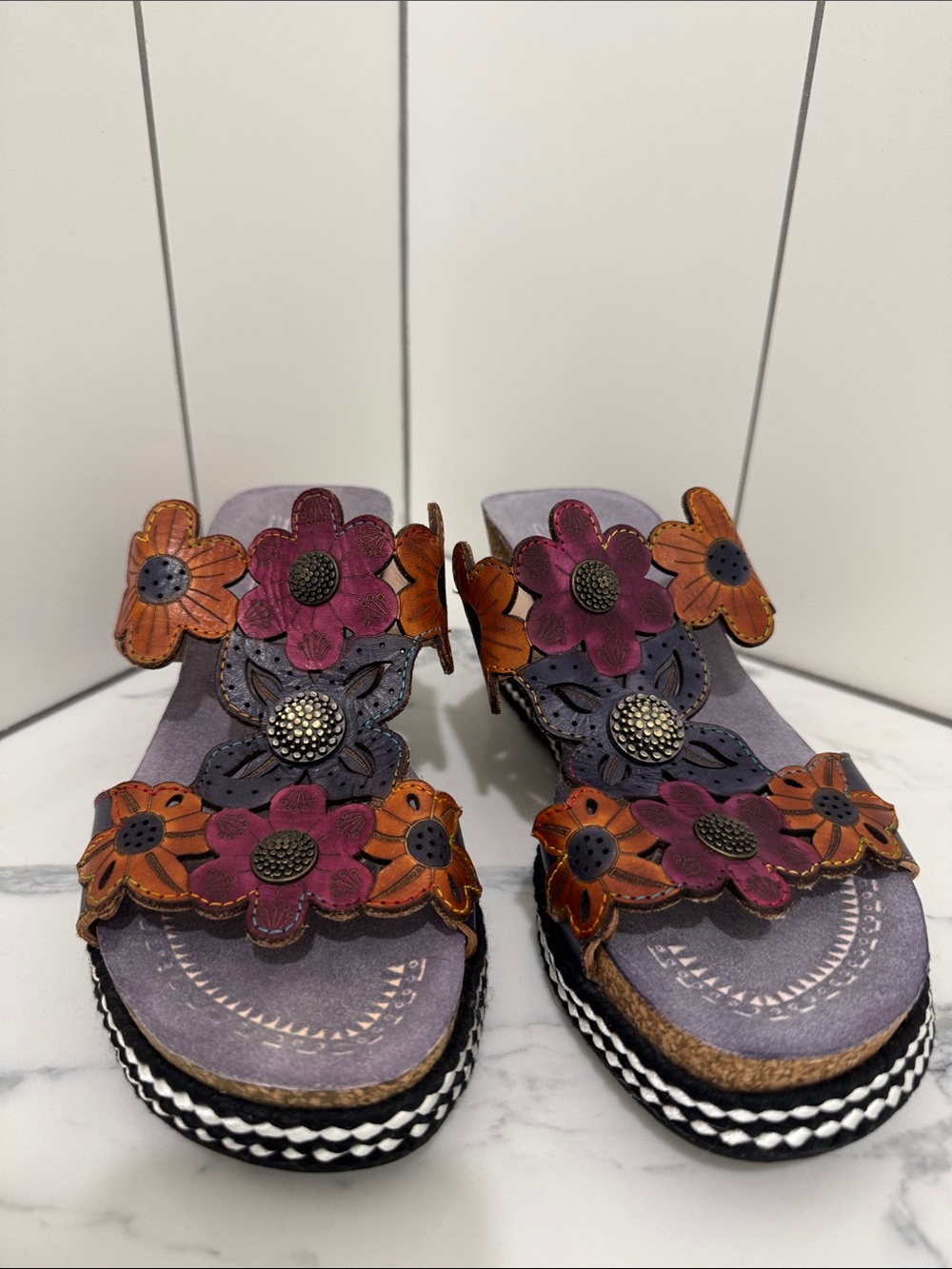 L’Artiste Floral Leather Slide Sandals in Purple and Orange
